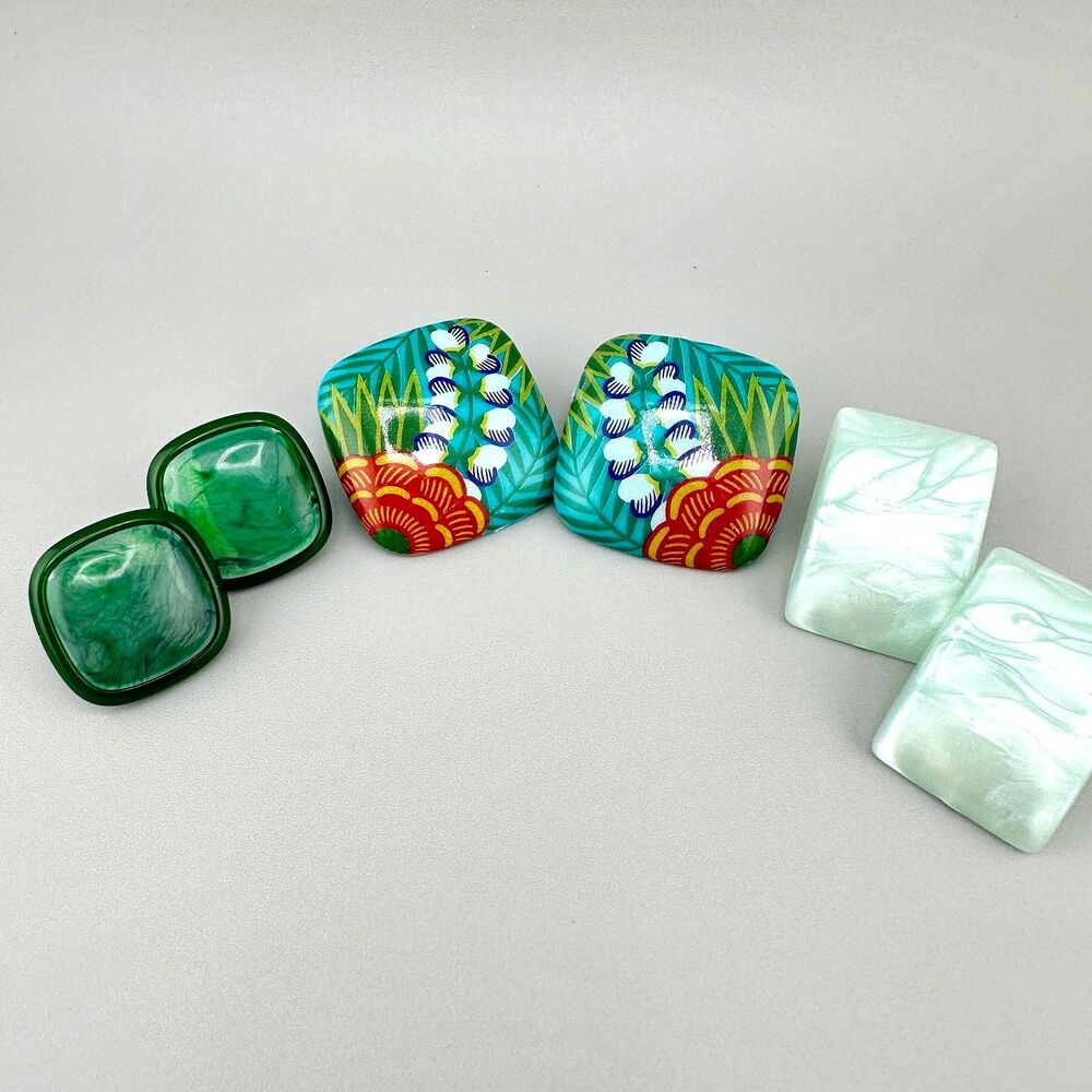 Vintage Lucite Earrings Lot Green Tropical Iridescent Pierced Some Designer
